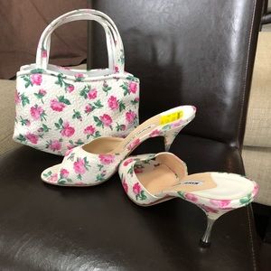 Manolo Blahnik floral kitten heels and bag